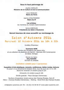 Vernissage Salon d'Automne - Champs Elysées - Paris - Mercredi 12 octobre 2016 de 18h à 22h ouvert du jeudi 13 au 16 octobre 2016 de 11h à 19h